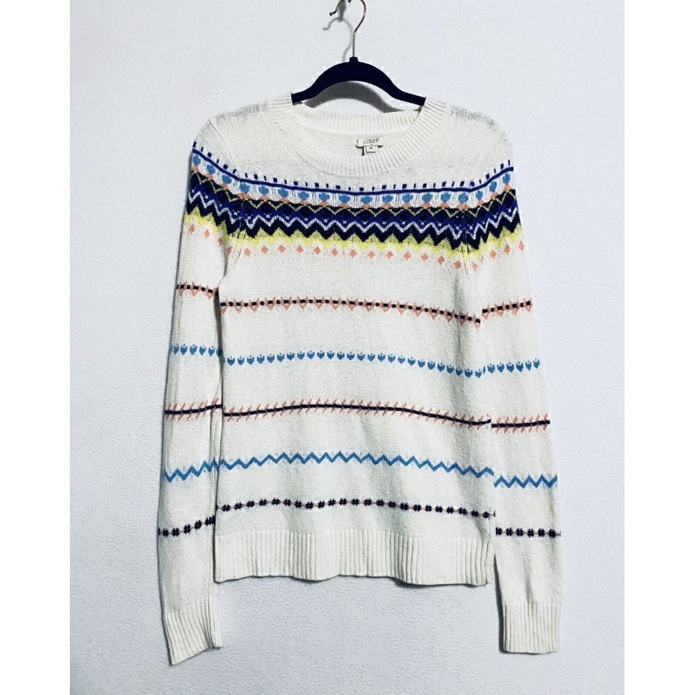 J Crew Fair Isle Sweater Womens Medium Pullover Merino Wool Ivory White